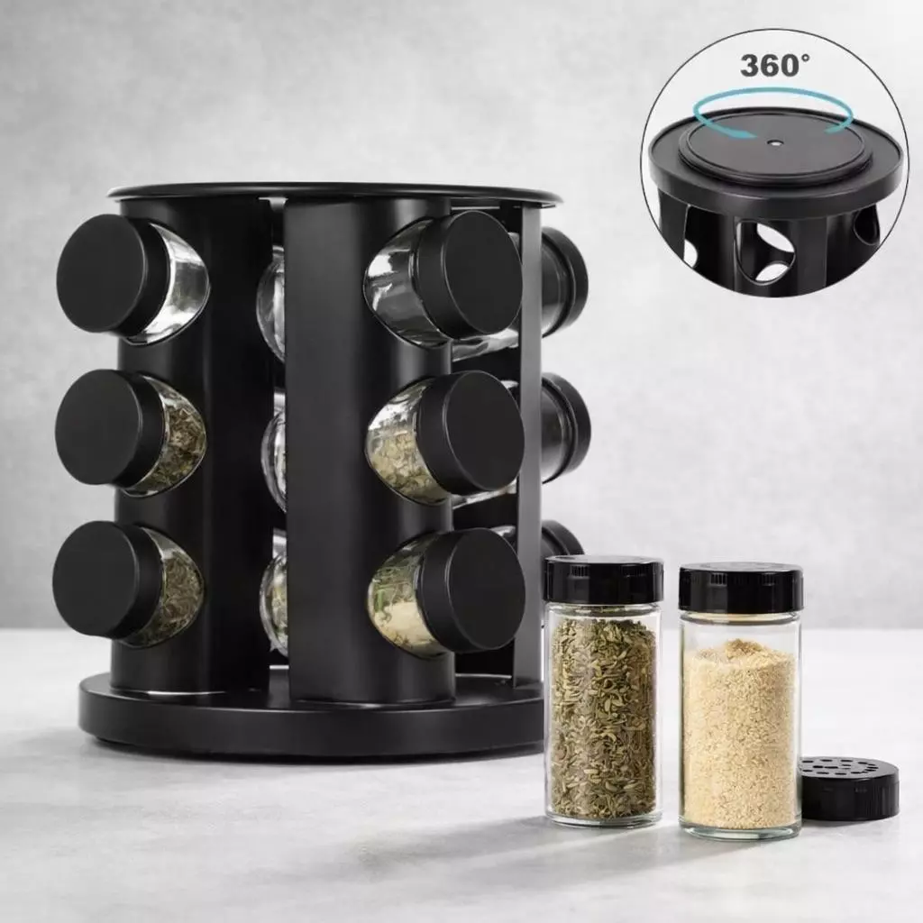 Porta Tempero Giratorio Preto Com 6/9 Potes Vidro Reforçado Premium