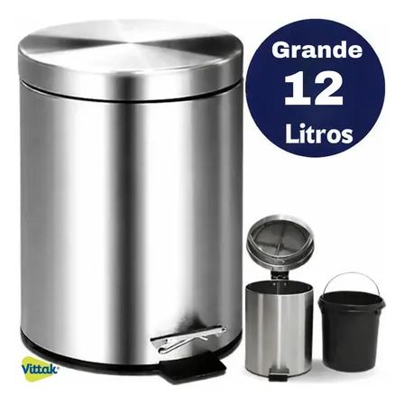 Vittak Lixeira Inox C/ Pedal E Balde Cesto Lixo Removível 12l Banheiro Cozinha