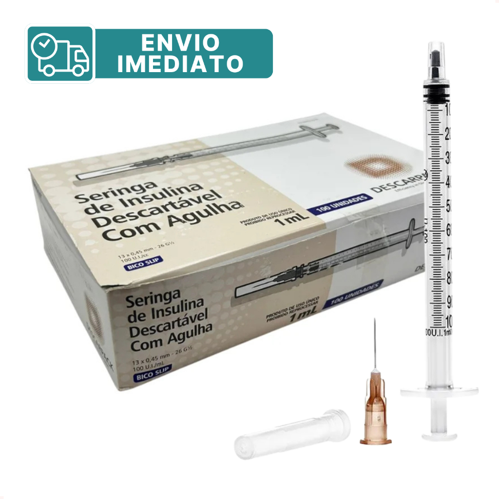 Kit de Seringa Insulina 1ml 13x0,45mm 26g 100UI Agulha Não Fixa Descarpack - Envio Imediato
