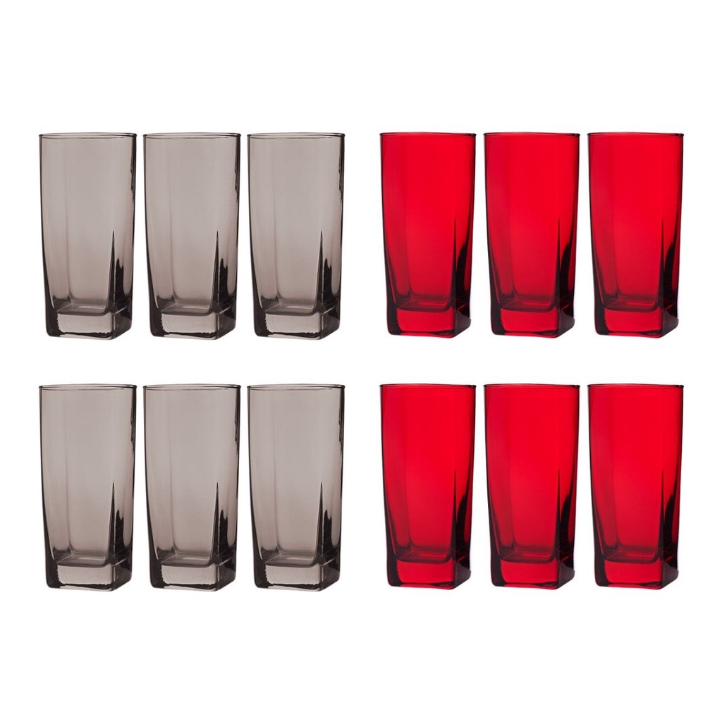 12 Copos de 320ml 6x Cinza 6x Vermelho Texas Vidro Quadrado