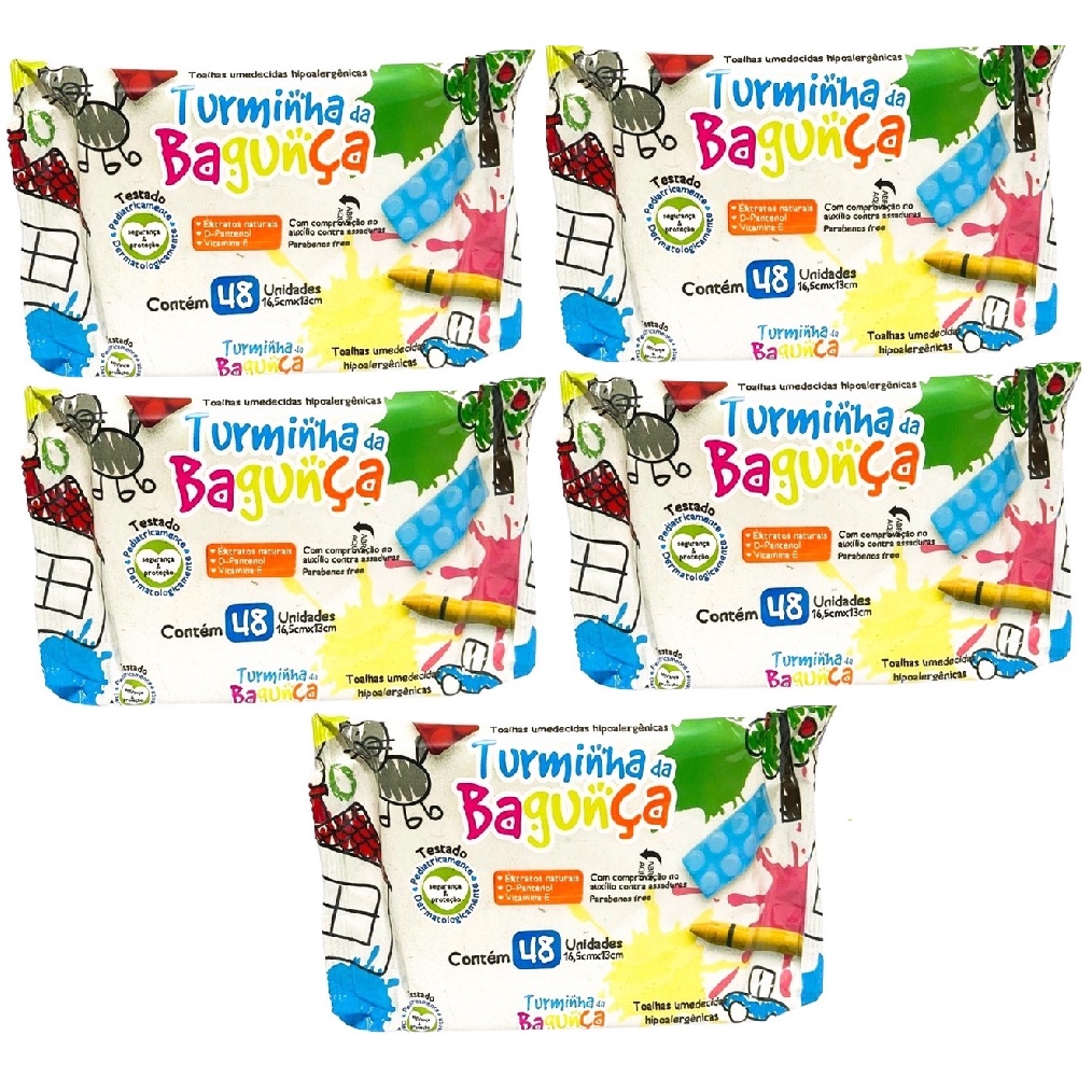 Kit com 5 - Lenço Umedecido Turminha da Bagunça Toalha Umedecida 48 Unidades