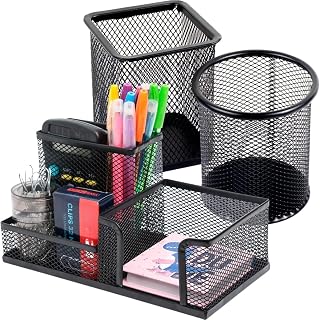 Porta Caneta Organizador de Mesa Escritório 5 Compartimentos Metal Aramado Com Divisórias Para Clip
