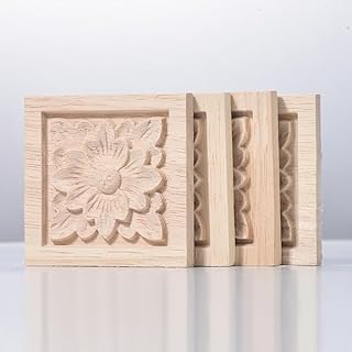 Conjunto de 4 Apliques Decorativos Em Madeira Entalhada, Pequenos Floridos Quadrados Em Formato de