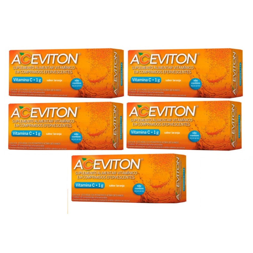 Kit com 5 Vitamina C Aceviton Cimed 1g 10 Cpr Efervescentes
