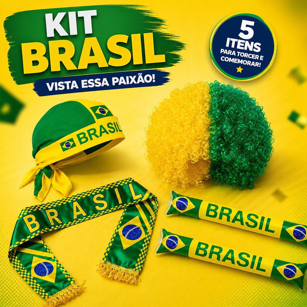 KIT Preparação para a Copa Do Mundo - Bandana, Peruca, Cachecol e Bastões para Torcedor - Torcida