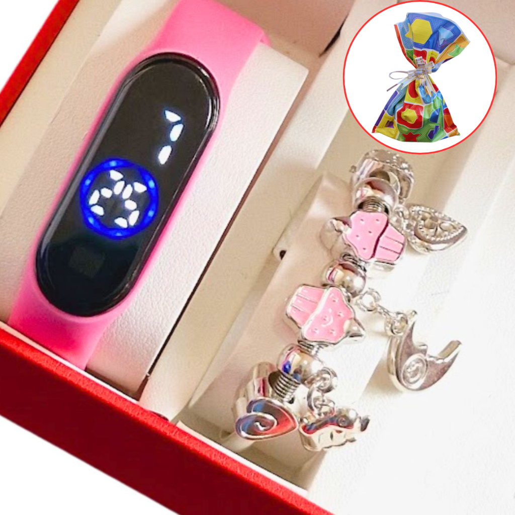 Relógio Infantil menina Digital Led à Prova D'água + Pulseira Infantil menina Berloque  - Presente