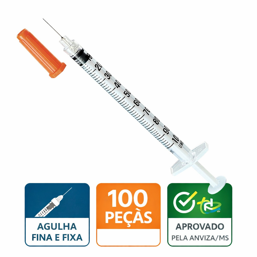 Seringa Para insulina Agulha Fixa e Fina Zero Desperdícios 1ML/100UI Medidas da agulha: 0,30mm x 8mm