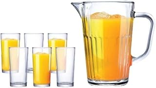 Kit Jarra 1L Acompanha 6 Copos 250ml Transparente Sucos Água Chá Gelado Bebidas Mesa Posta Servir