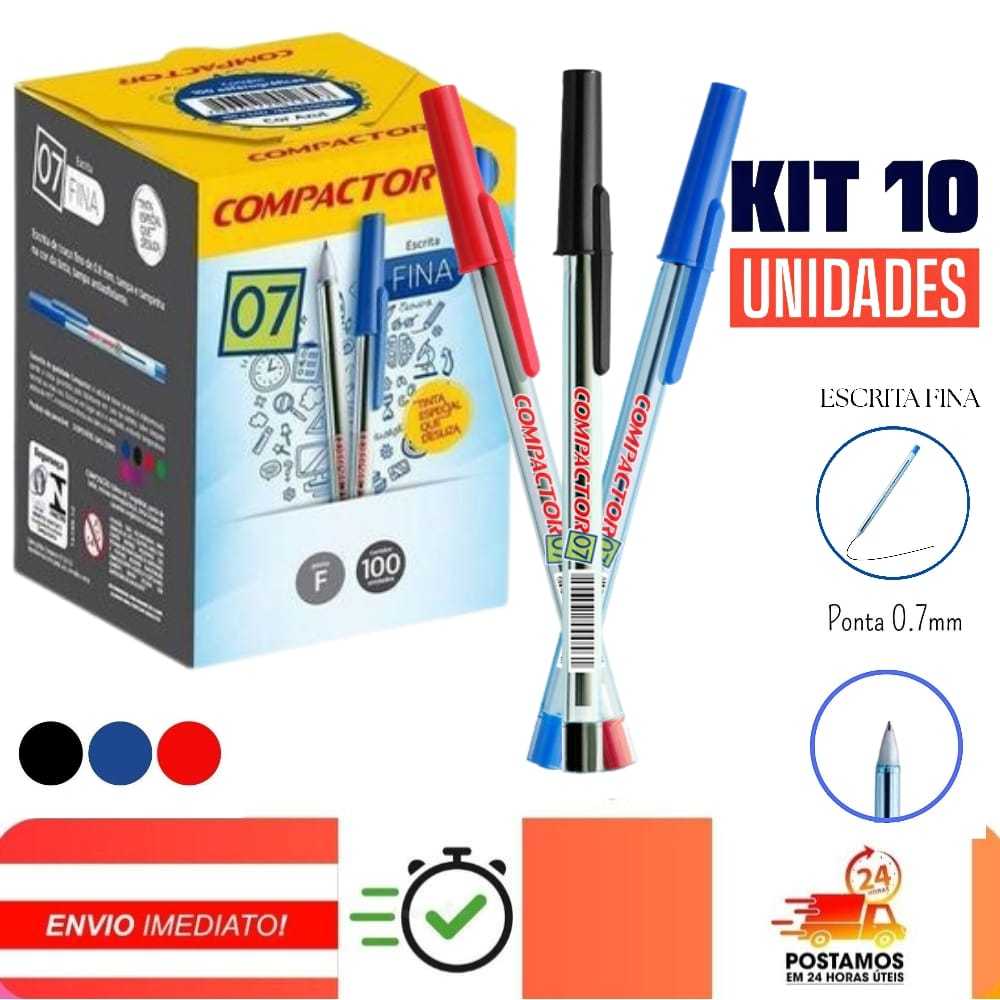 Kit Caneta Compactor Esferográficas Escrita Fina 0.7mm - Azul, Preto, Vermelho, ORIGINAL, Material
