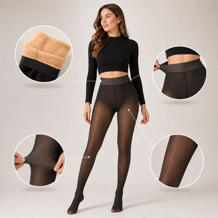 Meia Calça De Lã Térmica Translúcida Pelúcia Forrada Pelinho Preto Un