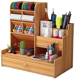 Mini Organizador de Mesa em Madeira com Gavetas – Porta-Canetas Grande Capacidade para Escritório,