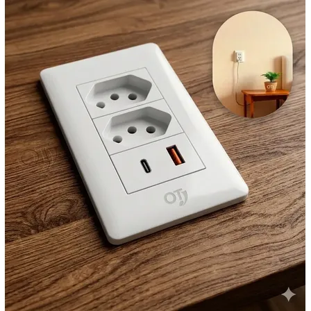 Tomada Dupla Parede Usb Tipo C 10a Bivolt 4x2 + Espelho O.t Branco