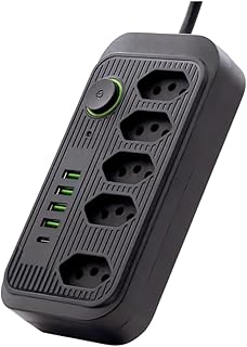 Extensão Elétrica com 5 Tomadas, 4 USB e 1 Tipo-C, Filtro de Linha, 2500W