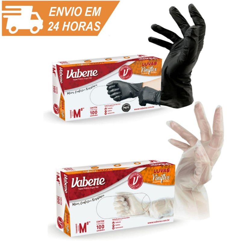 Luva Descartável VINIFLEX  Sem Pó Vabene CAIXA C/ 100 Unidades Tam. P. M. G Preta ou Transparente