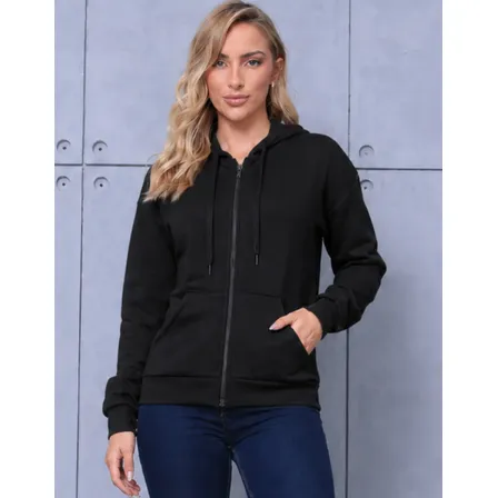 Blusa Moletom De Zíper Bolso Canguru Capuz Flanelado Frio Gg ( 40-42 ) Preto Liso