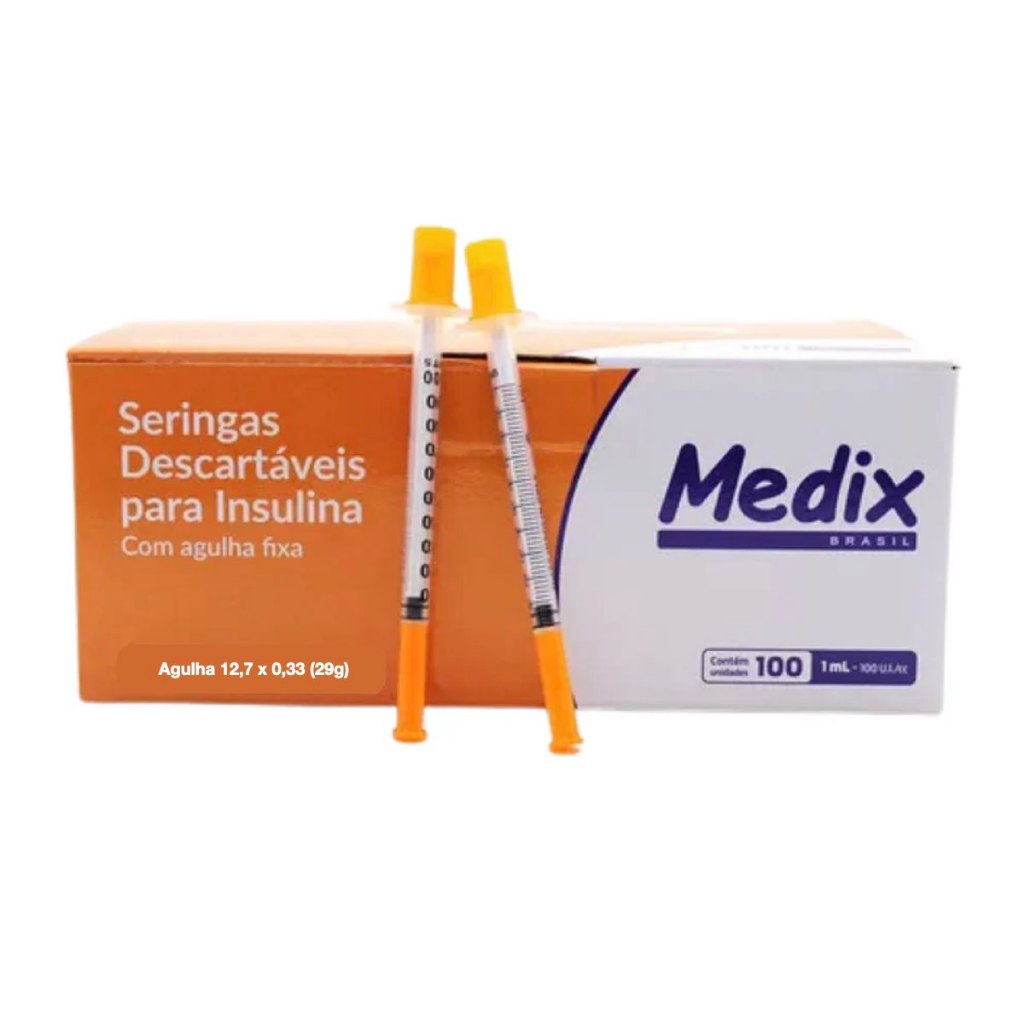 Seringa Descartável Para Insulina Com Agulha 12.7 x 0.33 29 G 1ml 100 UIi