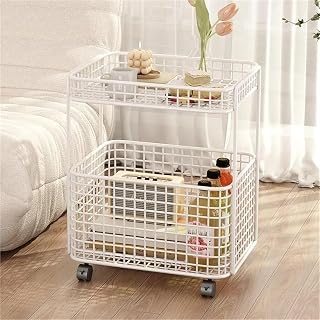 Mesa Lateral De Ferro Forjado, Mesa De Cabeceira, Mesa Lateral Estreita De Sofá De 2 Níveis Com Rodas, Estante Móvel, Carrinho De Utilidades Grande Para Quarto E Casa Com Esp, White, One Size