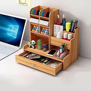 Organizador de Mesa em MDF com Gaveta, Porta Canetas e Nichos, Acabamento Amadeirado para Escritório, Papelaria e Home Office(Carvalho)