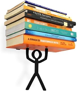 Prateleira Invisível Suporte Porta Livros Toni Herói, Metal Preto Fosco, com Boneco Decorativo - Geguton