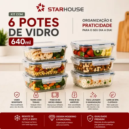Kit 6 Potes 640ml Vidro Hermético 4 Travas Marmita Refratario Star House com 4 travas de super