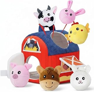Conjunto de 7 peças de pelúcia para : macia, animais de pelúcia, celeiro macio com alça, tecido macio, diferentes espelho. Ideal para bebês, berçário e viagens, Casa de fazenda
