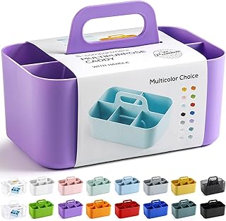 Organizador multiuso com alça, caixa de plástico empilhável – materiais de artesanato, escritório, mesa, suporte de caneta de papelaria, cozinha, utensílios, maquiagem, banheiro, chuveiro, limpeza