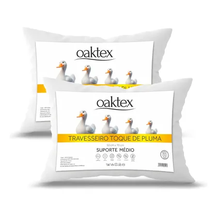 Kit 2 Travesseiros 70x50 Antialérgico Lavável Fibra Siliconada Toque De Pluma De Ganso Oaktex C