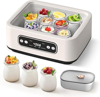Iogurteira Elétrica com Capacidade de 1,6 Litros e 9 Cpos Portáteis, Bivolt 110-240 VMáquina de Iogurte 4 em 1 com Função PTC e Temporizador