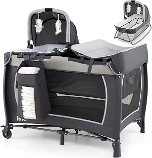 INFANS Pacote 4 em 1 e brinquedo, berçário portátil para bebês, playard de viagem com berço, colchão, trocador de fraldas, bolsa, brinquedos, caixa de música, cesta de armazenamento, clássico