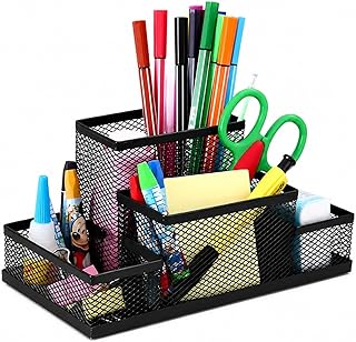 Organizador de Mesa Multifuncional em Metal Preto, Porta Lápis com Divisórias para Canetas, Clips,