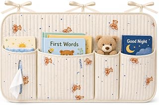 Organizador de armazenamento de berçário, acessórios de berço Montessori com bolsos para livros e brinquedos, organizador de fraldas para pendurar no berçário, chá de bebê