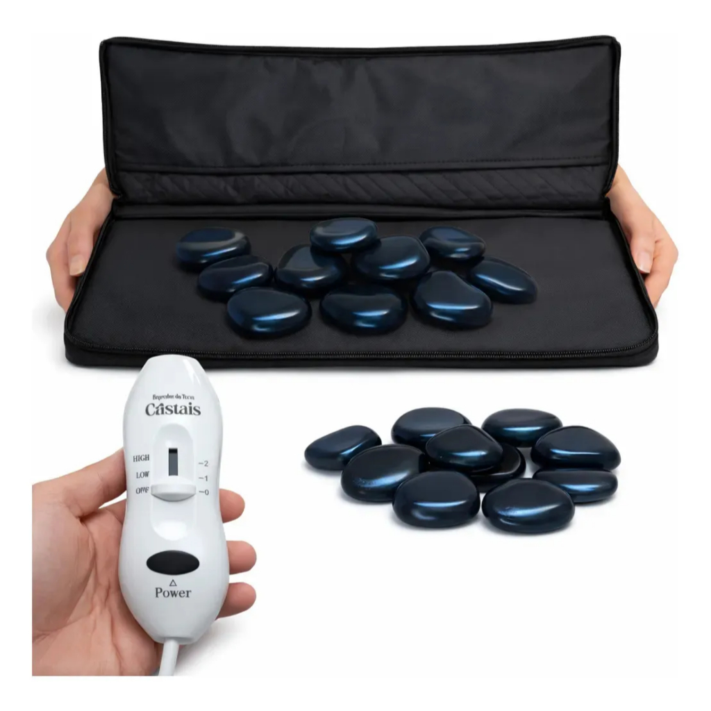 Kit 12 Pedras Quentes Vulcânicas Massagem + Bolsa Aquecedora Térmica 127v ou 220v