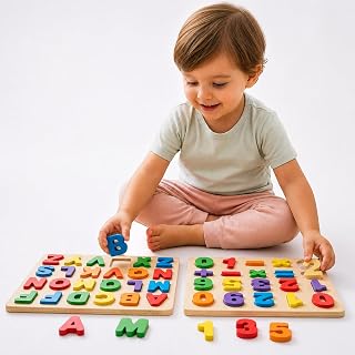 Tabuleiro Educativo Infantil Alfabeto e Números de Madeira – Brinquedo Pedagógico de Encaixe para Letramento e Coordenação Motora Montessori Alfabetização