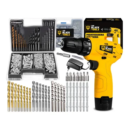 Parafusadeira Furadeira 3/8 A Bateria Tb12a The Black Tools Jogo Brocas E Buchas 300 Peças Amar