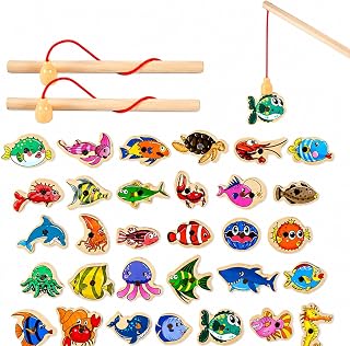 Pescaria Magnética de Madeira Infantil Educativa Montessori 30 peixinhoseixinhos Coloridos com 2 Varas Brinquedo Educativo