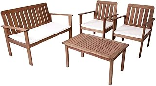 Conjunto Sofá Namoradeira com Poltronas e Mesa de Apoio Em Madeira (Madeira/Duna Cru)