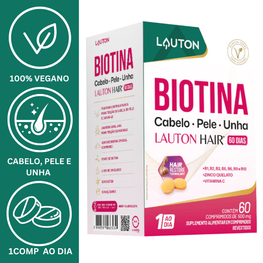 BIOTINA PARA CABELOS E UNHAS 60 COMPRIMIDOS DE 500MG - LAUTON