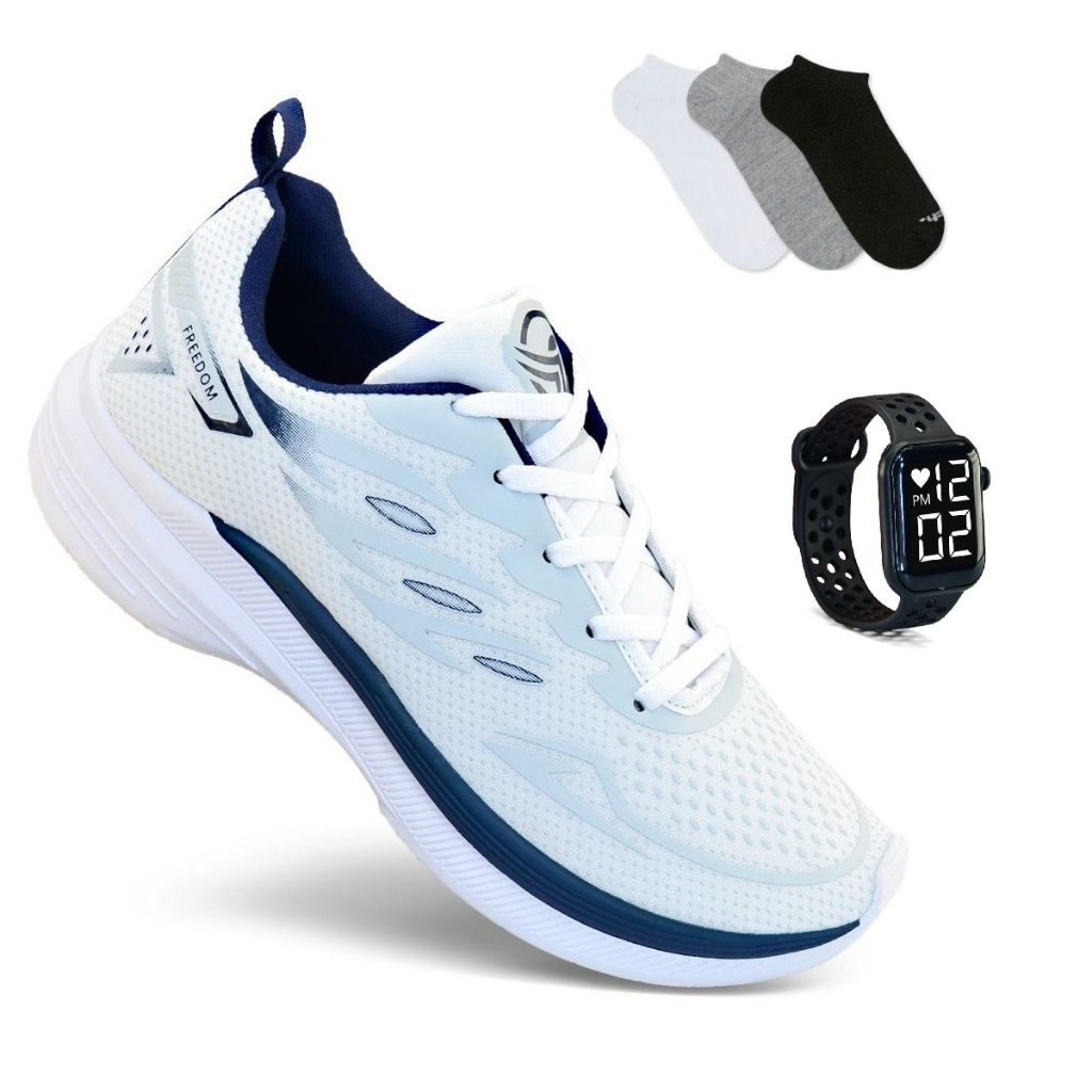 Tenis Masculino + Relogio + 1 Par de Meia Esportivo Corrida Treino Super leve e Macio