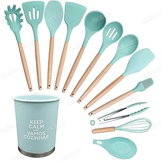 13 Peças Kit Utensílios Cozinha Silicone Colher Copo Suporte Cor:Azul-turquesa