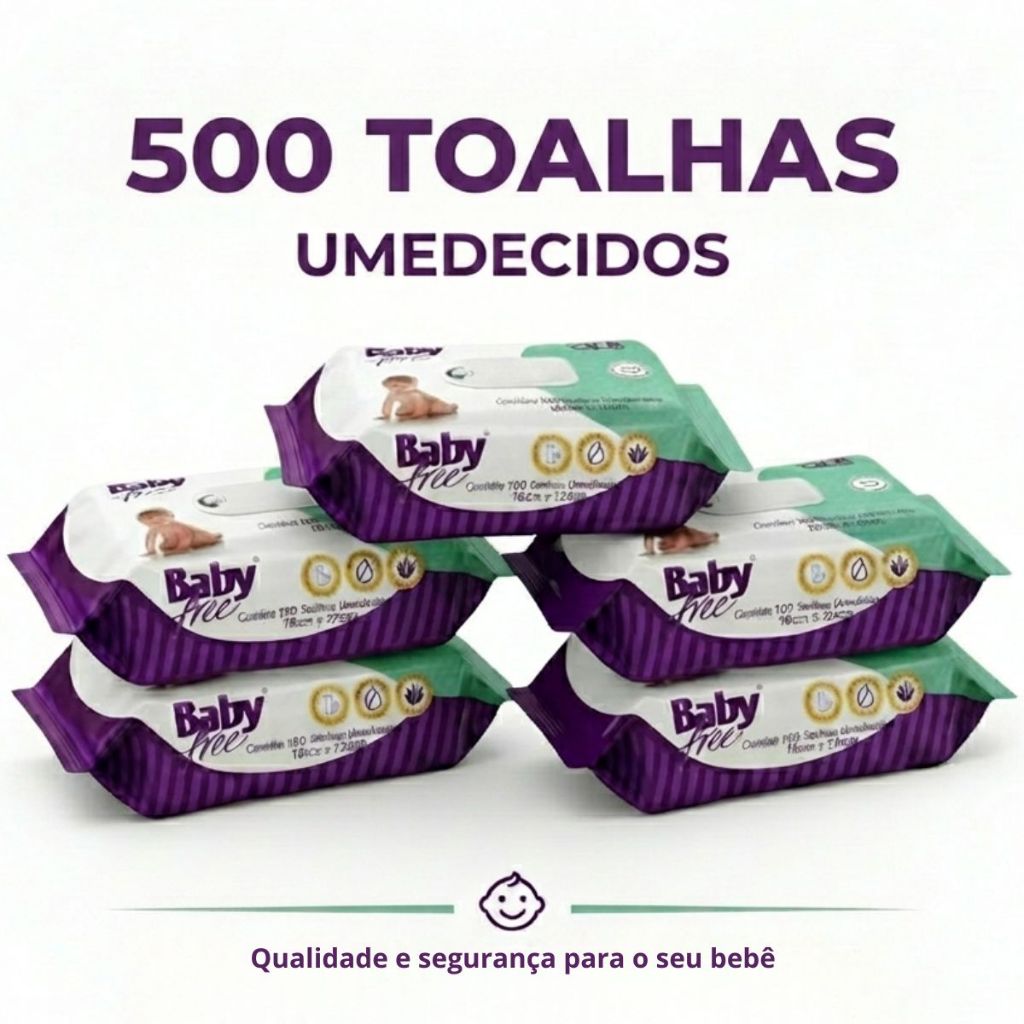 KIT COM 5 PACOTES TOALHAS UMEDECIDAS/LENÇOS BABY FREE C/100-(sem tampa flip-top)