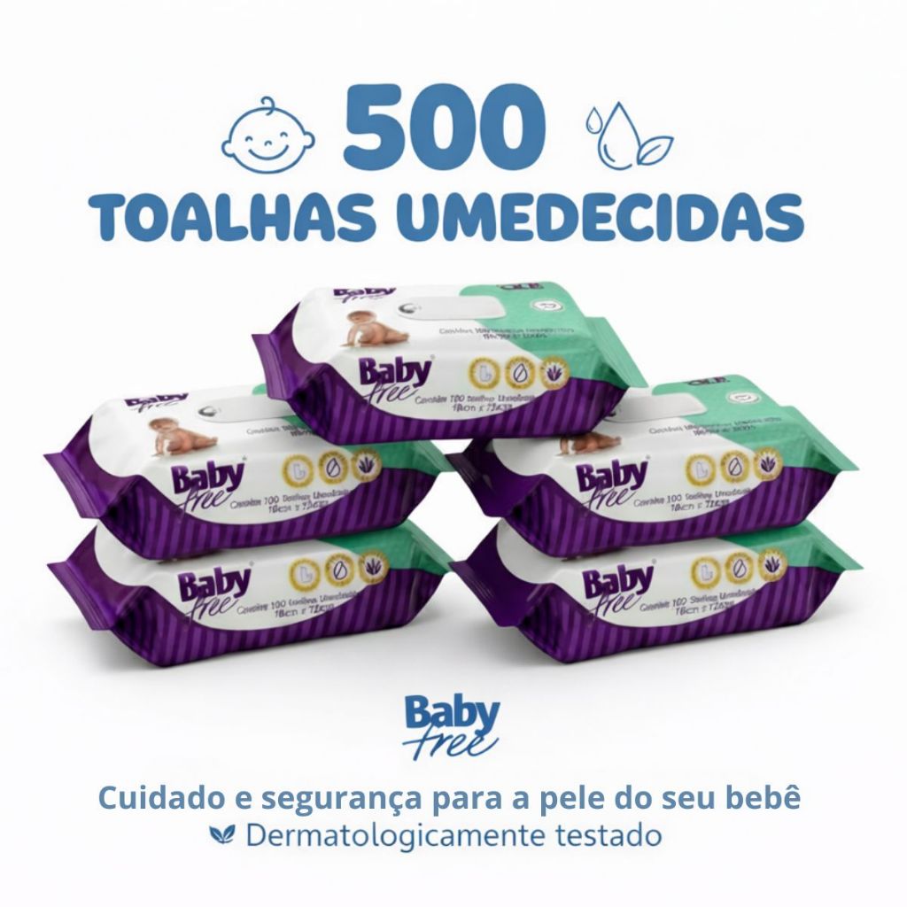 KIT COM 5 PACOTES TOALHAS UMEDECIDAS/LENÇOS BABY FREE C/100