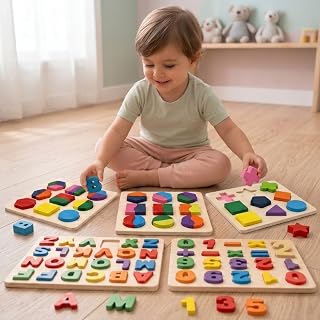Kit 5 Tabuleiros Madeira Montessori Educativo Formas Geométricas Alfabeto ABC Números Símbolos Matemáticos Brinquedo Pedagógico Infantil Jogo Encaixe Lúdico Aprendizado Precoce A Partir De 3 Anos