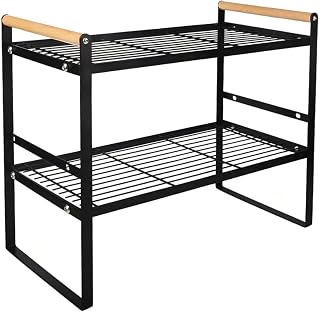 Prateleira Organizadora de Cozinha 2 Andares 33x33x20cm | Organizador de Armário Aramado em Metal Resistente com Cabo de Madeira Antiferrugem para Louças e Utensílios (Preto)