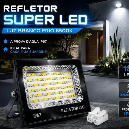 Kit 2 Refletor Super Led 400w Ip67 Holofote Bivolt Prova D'água Branco Frio 6500k Preto