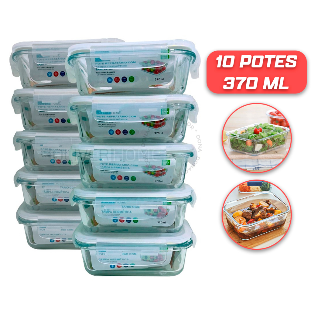 Kit 3 / 5 ou 10 Potes Vidro Hermético mantimentos marmita 370ml - Pote Hermético - Oliver Home
