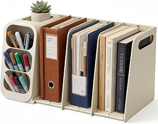 Lavatino Organizador de mesa – 3 compartimentos verticais revista, pasta de arquivo, livro e porta-lápis angular para escritório, casa e escola, artigos de papelaria (creme)
