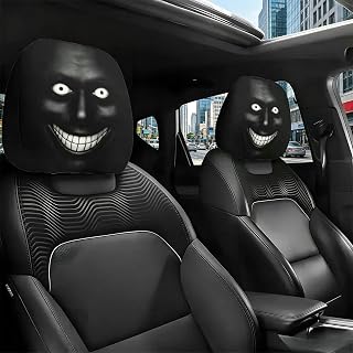 2 peças de capas de encosto de cabeça de carro assustadoras, capas de travesseiro de pescoço com sorriso de terror engraçado, acessórios universais para interiores automotivos (estilo de rosto preto)