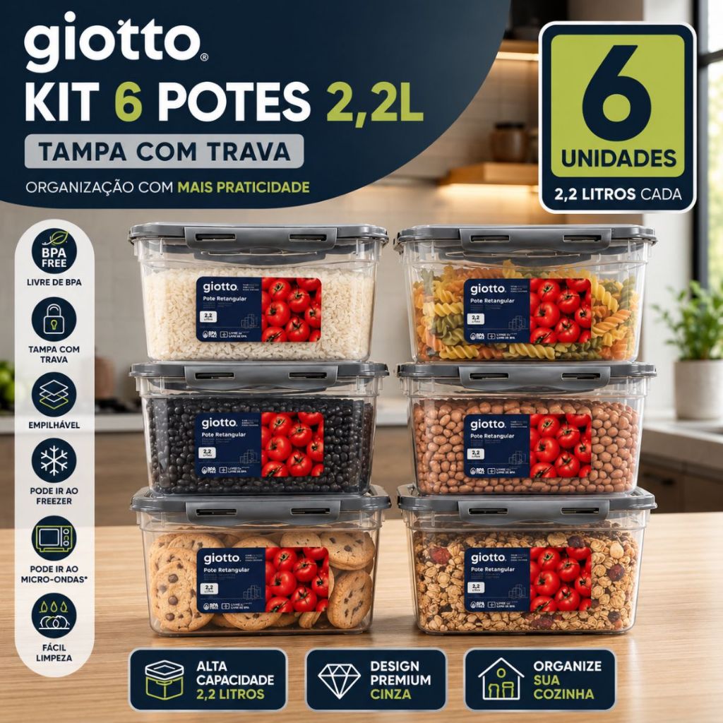 Kit 6 Potes Com Tampa e Trava 2,2L Alto Cinza Freezer E Microondas Marmitas Fitness Giotto