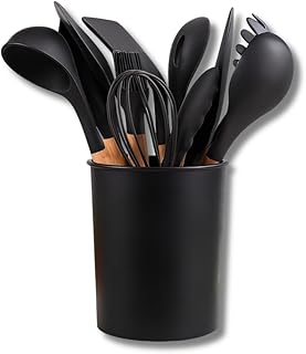 Kit Cozinha Utensílios de 12 peças de Silicone com Cabo de Madeira e Copo Suporte | Antiaderente e Resistente ao Calor (Preto)