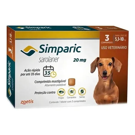 Antipulgas Zoetis Simparic 20mg Cães de 5,1kg a 10Kg 3 comprimidos